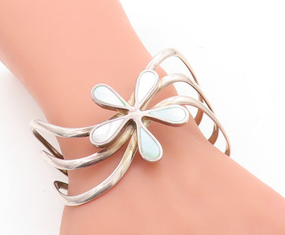 925 Sterling Silver  Vintage Mother Of Pearl Flower Split Cuff Bracelet BT2258