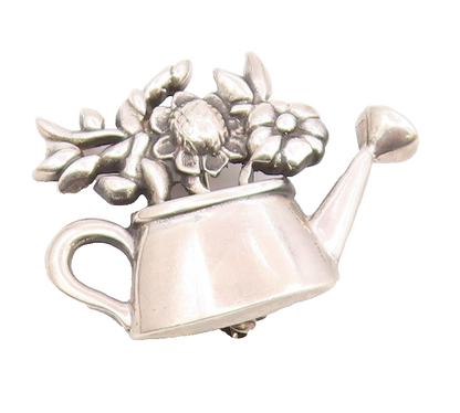 925 Sterling Silver  Vintage Shiny Watering Can With Flowers Brooch Pin BP3519
