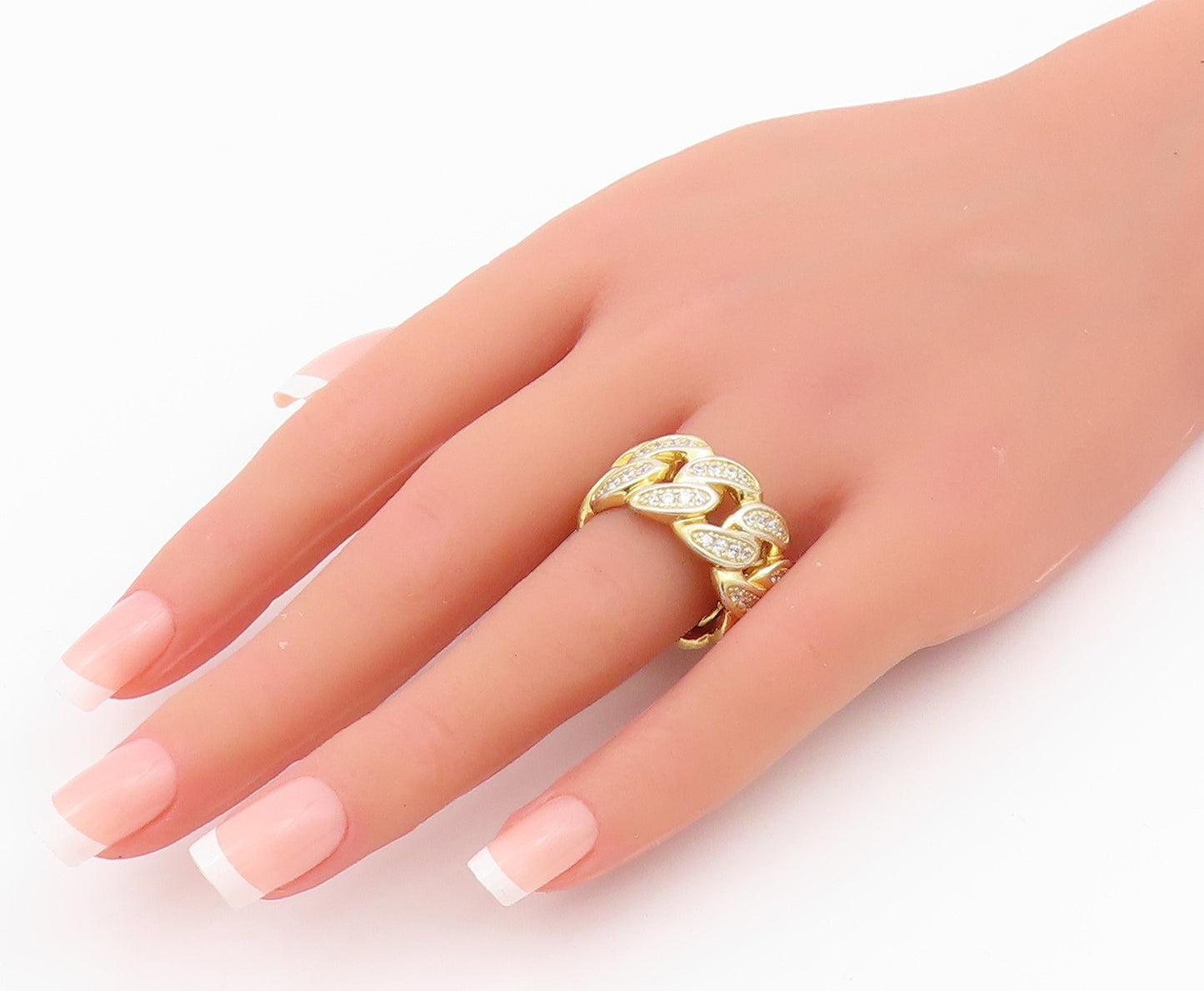 925 Sterling Silver Vintage Ring Gold Plated CZ Curb Link Cutout  Sz 9  RG33016