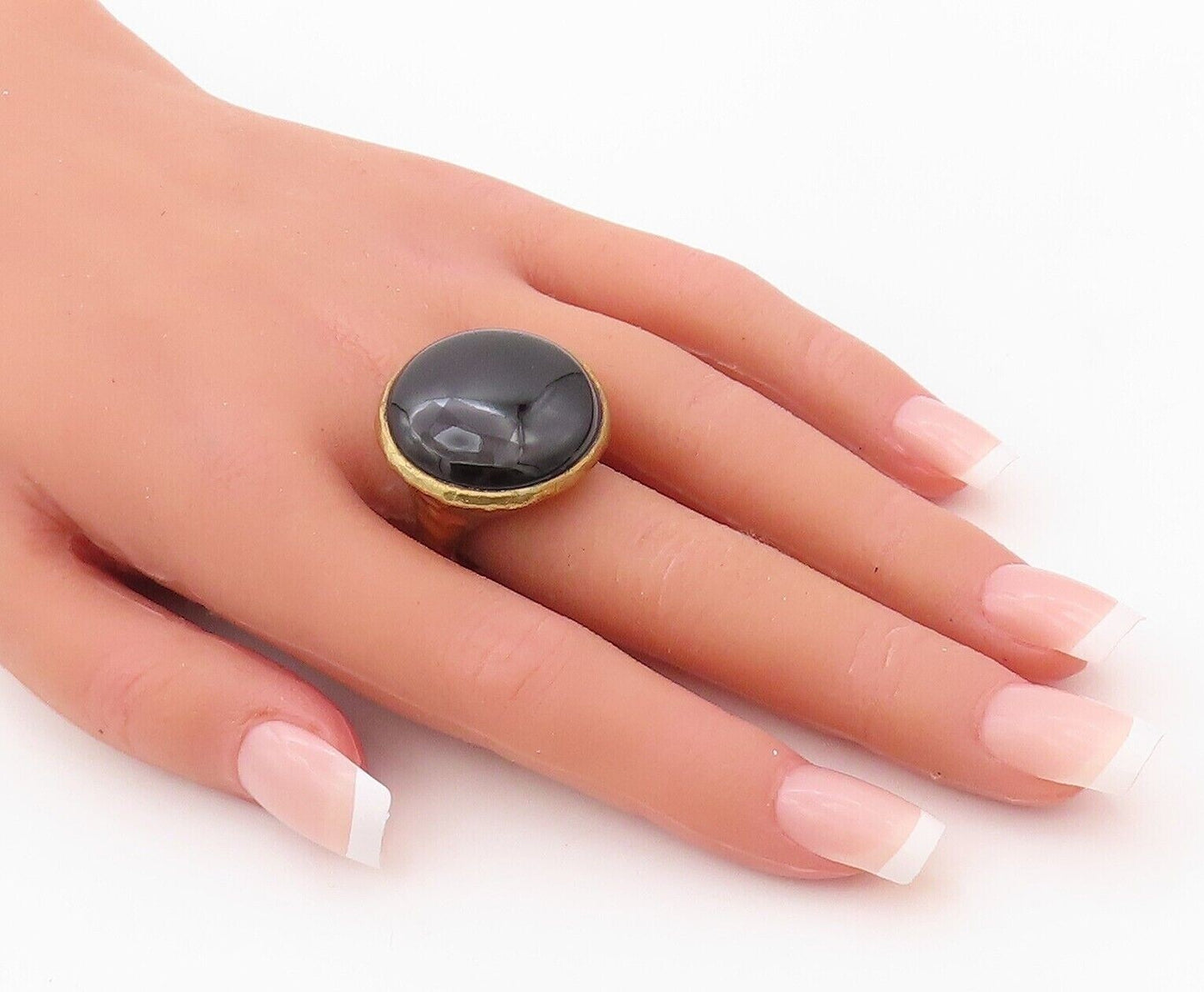 925 Sterling Silver Vintage Ring Gold Plated Large Round Onyx  Sz 8.5  RG30246