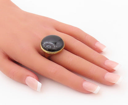 925 Sterling Silver Vintage Ring Gold Plated Large Round Onyx  Sz 8.5  RG30246