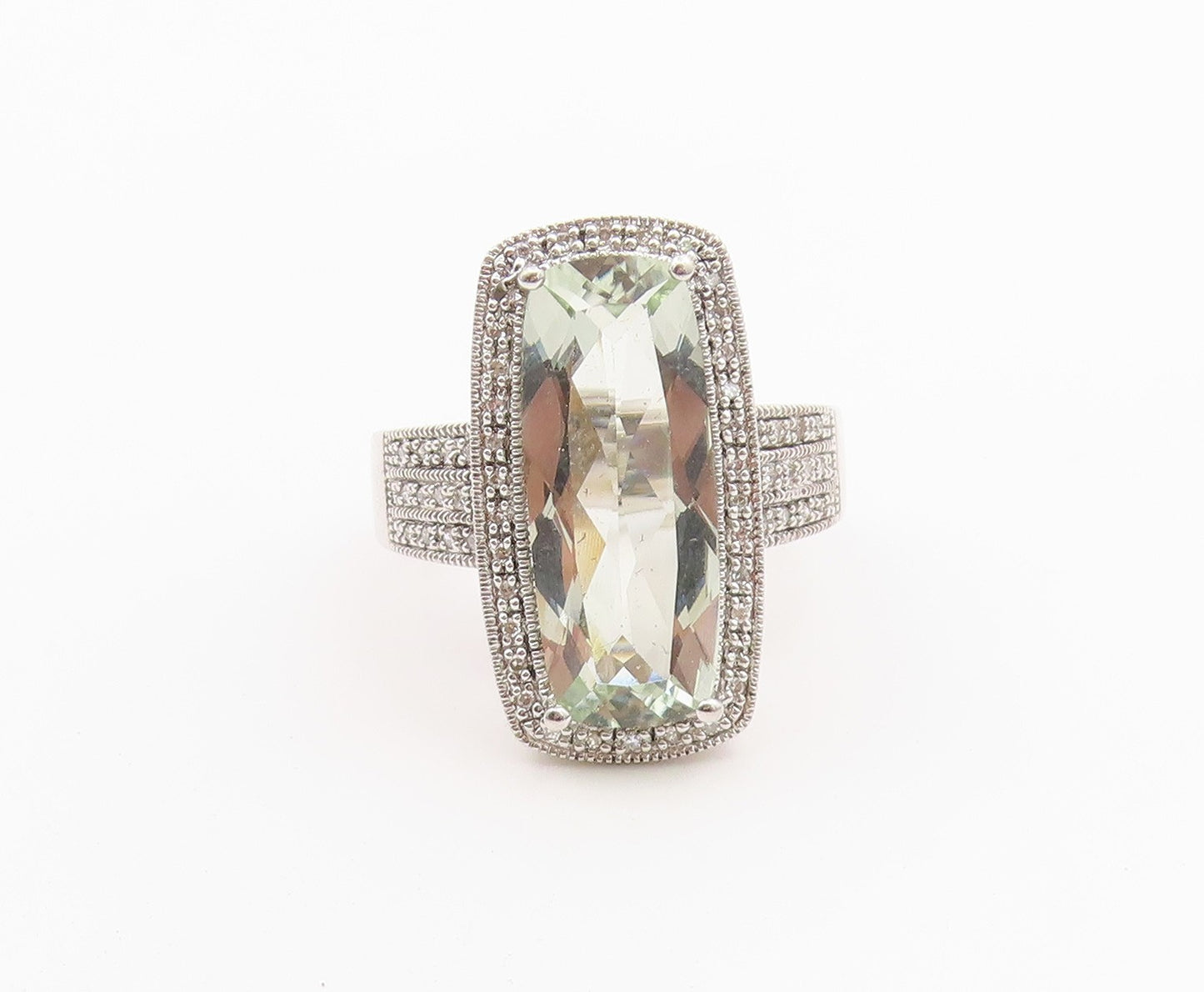 925 Sterling Silver Vintage Ring Real Diamonds & Green Amethyst  Sz 8  RG36484