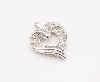 925 Sterling Silver Vintage Pendant Real Diamonds Inlay Cutout Heart  PT23508