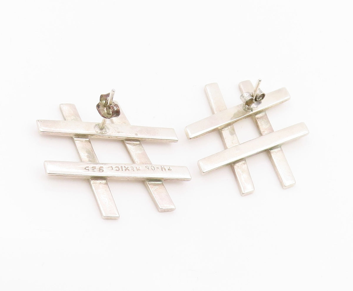 925 Sterling Silver Vintage Earrings MEXICO Tic Tac Toe Hashtag Stud  EG14257