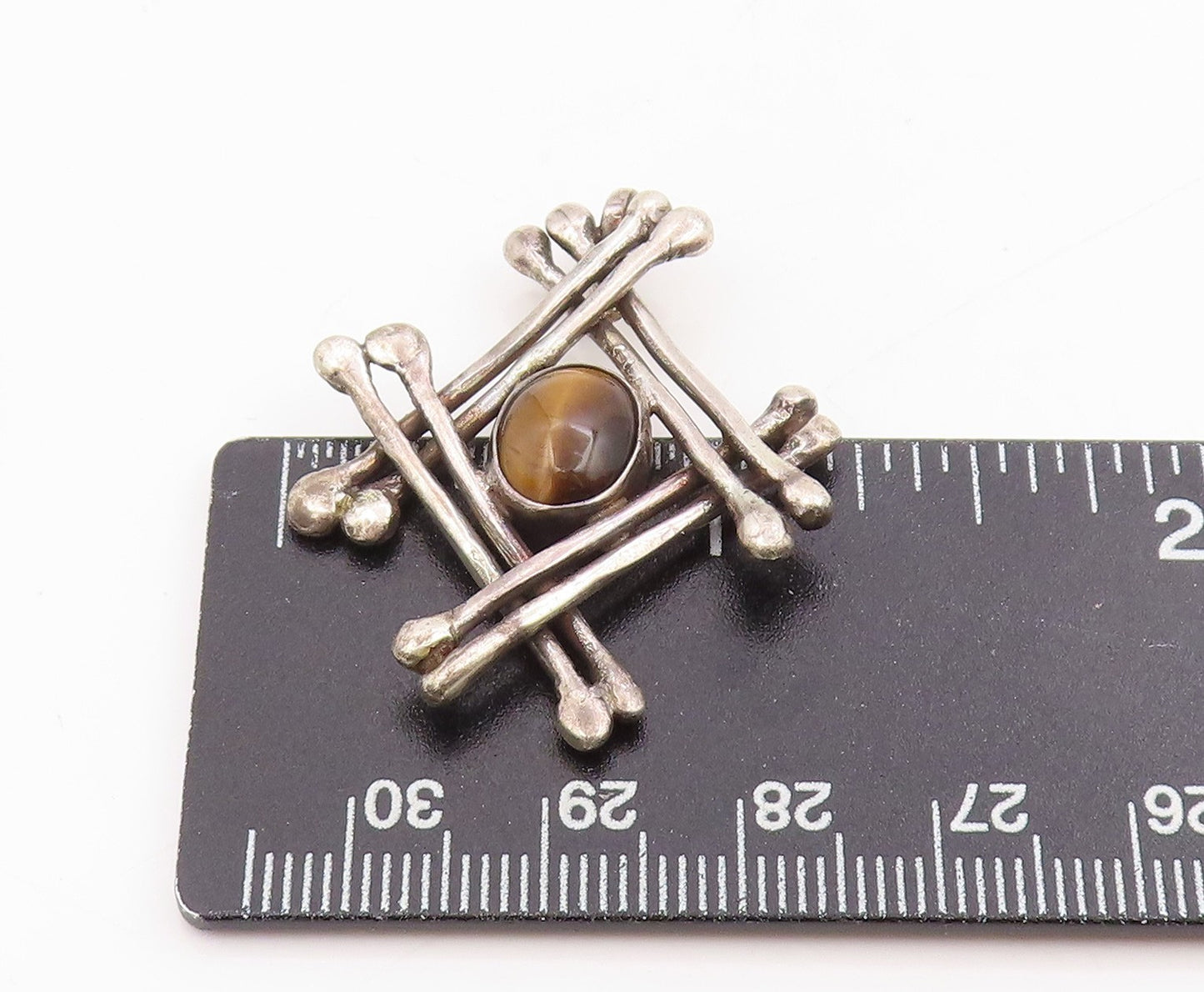 925 Sterling Silver Vintage Pendant Cabochon Tiger's Eye Modernist Grid  PT25442