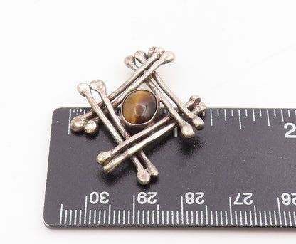 925 Sterling Silver Vintage Pendant Cabochon Tiger's Eye Modernist Grid  PT25442
