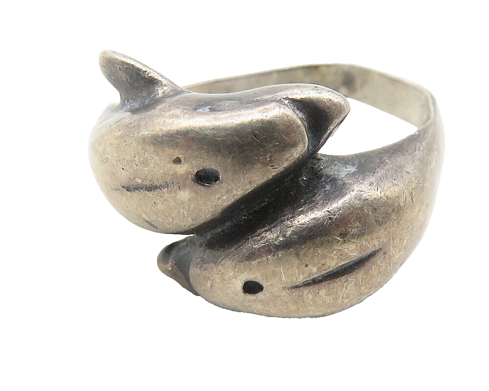 925 Sterling Silver  Vintage Dark Tone Dolphin Bypass Ring Sz 5.5  RG11427