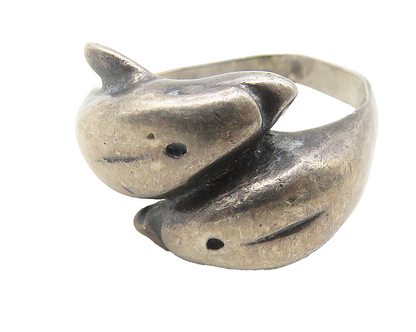 925 Sterling Silver  Vintage Dark Tone Dolphin Bypass Ring Sz 5.5  RG11427
