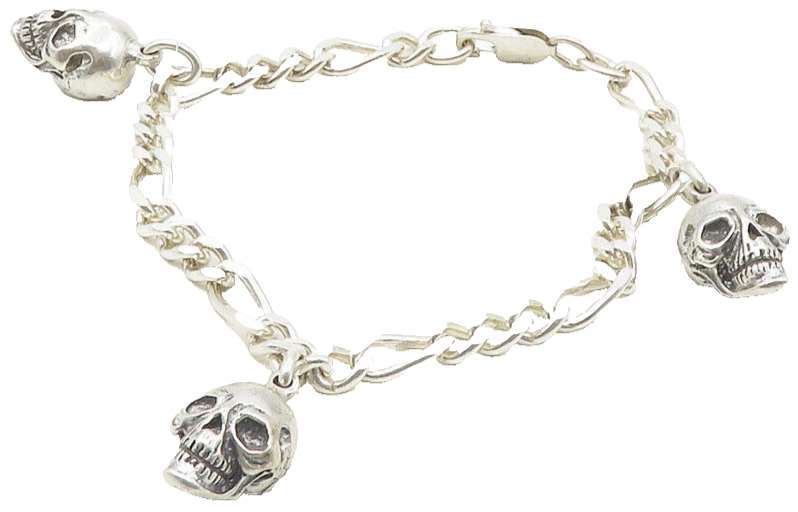 925 Sterling Silver  Vintage Shiny Skull Head Charmed Chain Bracelet  BT4150