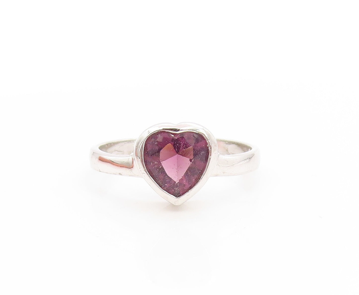 925 Sterling Silver Vintage Ring Amethyst Bezel Set Love Heart  Sz 8  RG33638