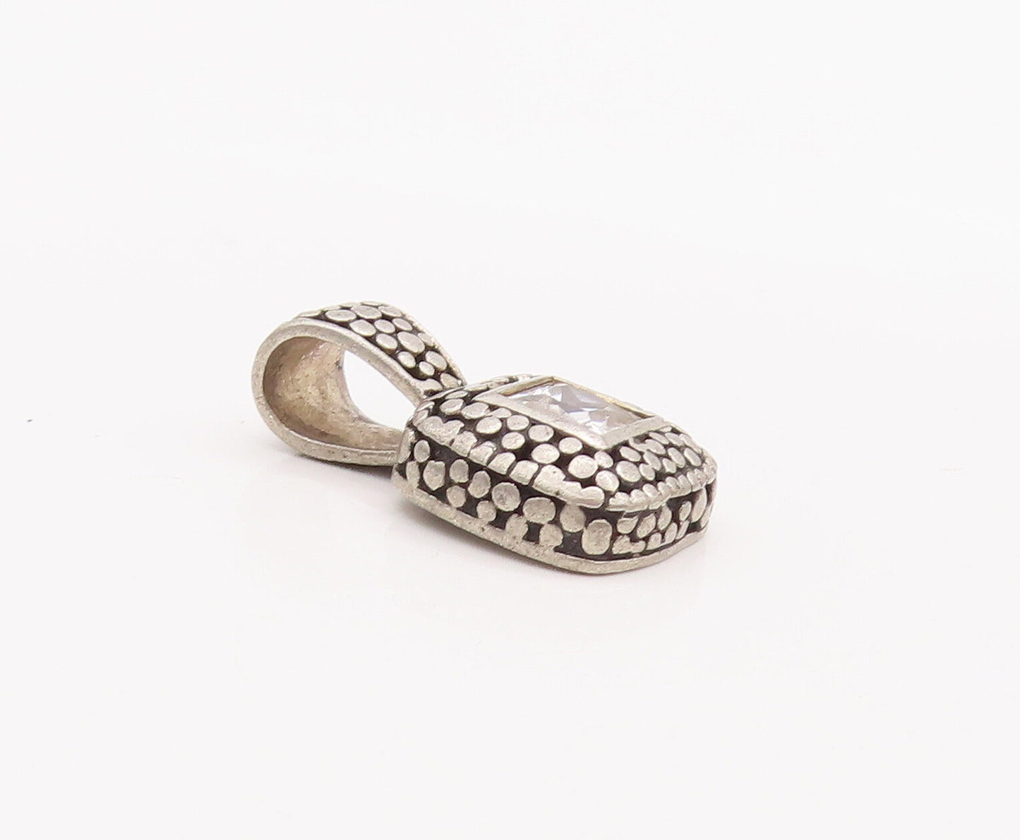 925 Sterling Silver Vintage Pendant Square Cut CZ Pebble Effect Carved   PT23093