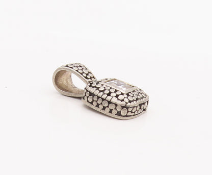 925 Sterling Silver Vintage Pendant Square Cut CZ Pebble Effect Carved   PT23093