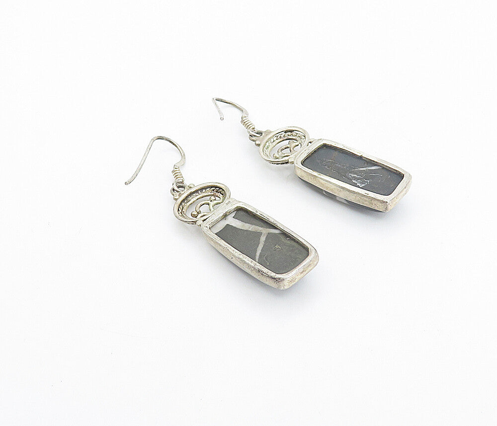 925 Sterling Silver  Vintage Cabochon Cut Jasper Square Drop Earrings  EG3522