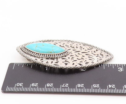 925 Sterling Silver Vintage Pendant Marquise Cut Turquoise Openwork Leaf PT25842