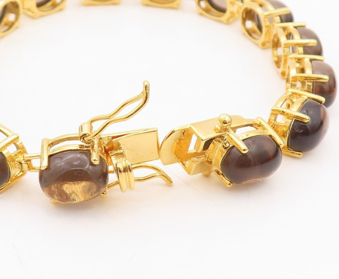 925 Sterling Silver Vintage Bracelet Gold Plated Cabochon Smoky Quartz  BT10776
