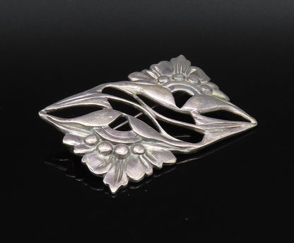 925 Silver  Vintage Antique Openwork Double Flower Rectangle Brooch Pin BP9998
