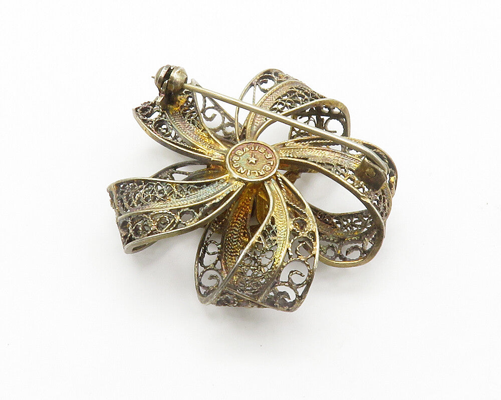 925 Sterling Silver  Vintage Swirl Filigree Flower Ribbon Brooch Pin  BP5485