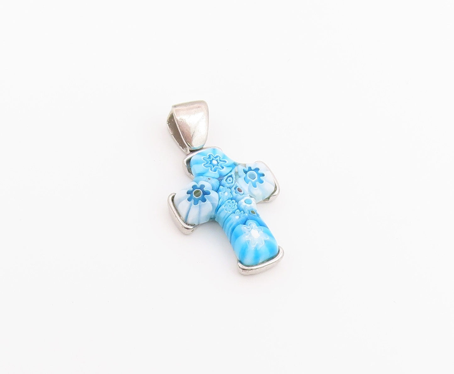 925 Sterling Silver Vintage Pendant JEAN K Murano Glass Religious Cross  PT26519