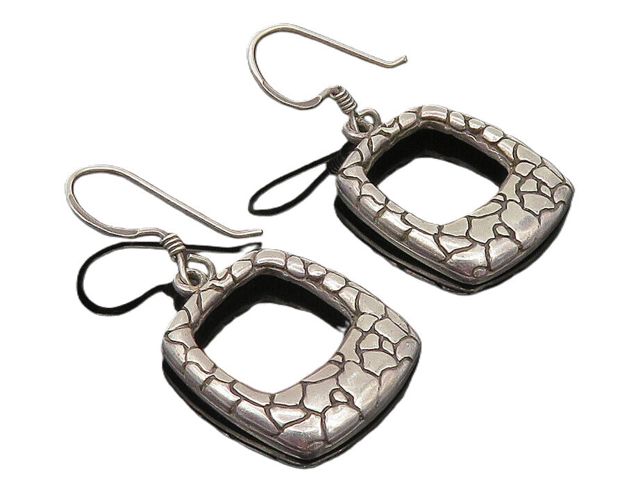 925 Sterling Silver  Vintage Shiny Cobble Etched Square Drop Earrings  EG5789