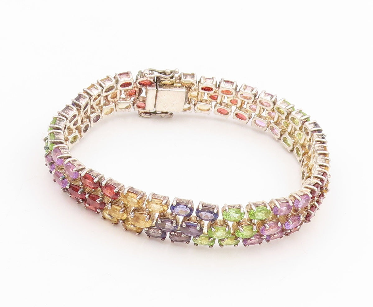 925 Sterling Silver Vintage Bracelet Oval Cut Multi Gemstone Triple Row  BT11689