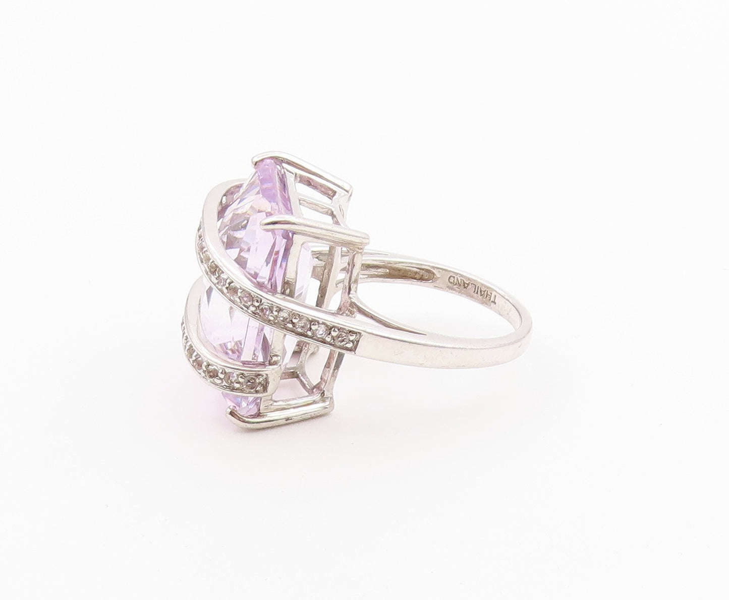 925 Sterling Silver Vintage Ring Faceted Amethyst With CZ Wrap Band Sz 8 RG36482