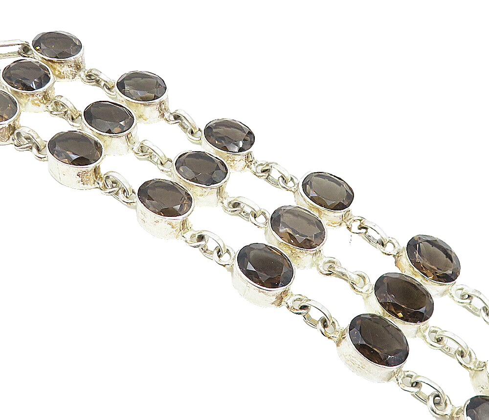 925 Sterling Silver  Faceted Smoky Topaz Shiny 3 Row Chain Bracelet  BT3296