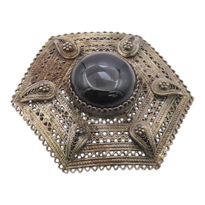 925 Sterling Silver Vintage Brooch Pin ISRAEL Onyx Geometric Filigree  BP12569