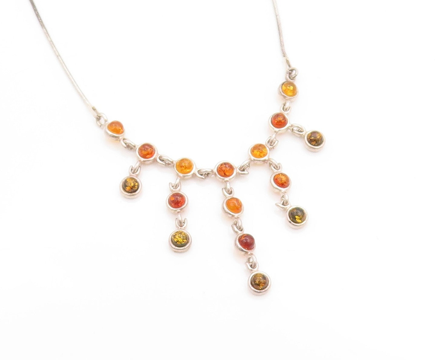 925 Sterling Silver Vintage Necklace Multi Stone Amber Classic Link Chain NE4630