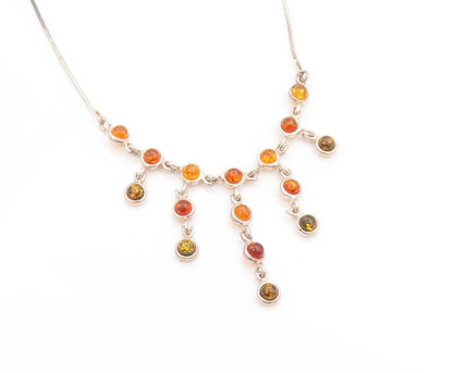 925 Sterling Silver Vintage Necklace Multi Stone Amber Classic Link Chain NE4630