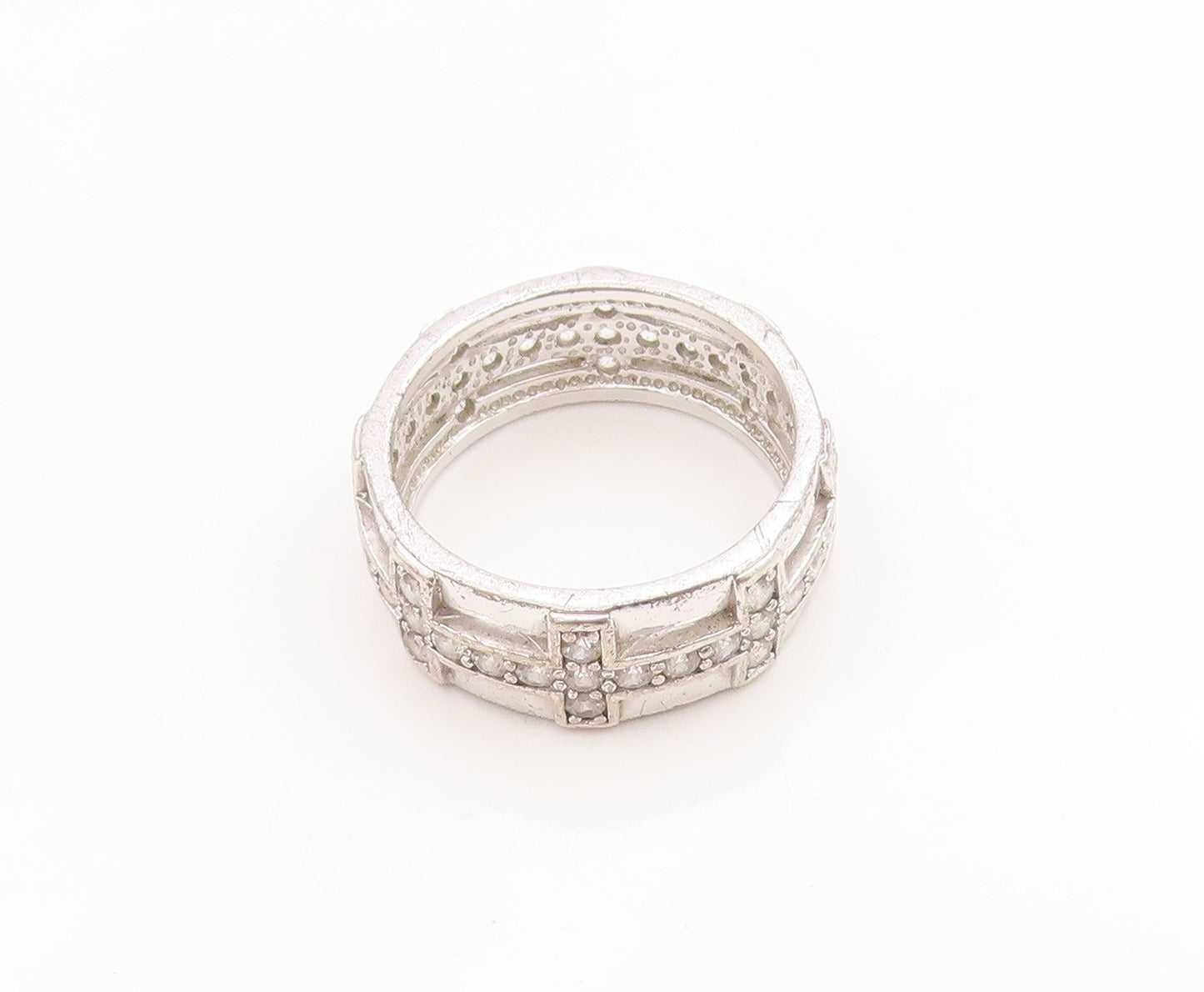 925 Sterling Silver Vintage Ring CZ Geometric Pattern Wide Band  Sz 7  RG36249