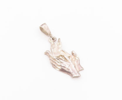 925 Sterling Silver Vintage Pendant Holy Spirit Dove & Faith Hands Charm PT26463