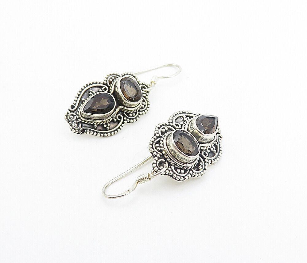 925 Sterling Silver  Vintage Smoky Topaz Shiny Swirl Dangle Earrings  EG3551