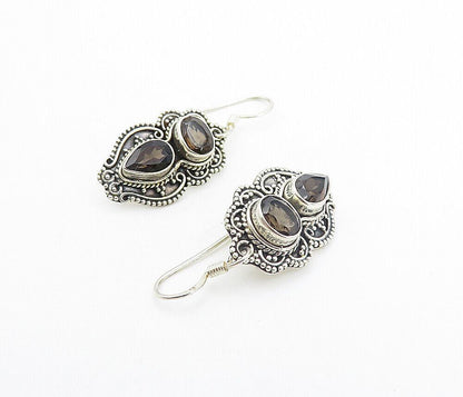925 Sterling Silver  Vintage Smoky Topaz Shiny Swirl Dangle Earrings  EG3551