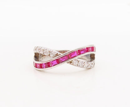 925 Sterling Silver Vintage Ring X Shape Cutout Pink & White Topaz Sz 7  RG29741