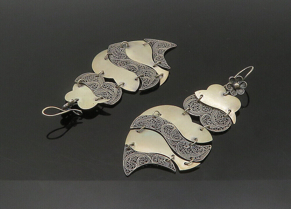 925 Sterling Silver  Vintage Dark Tone Floral Swirl Dangle Earrings  EG10816