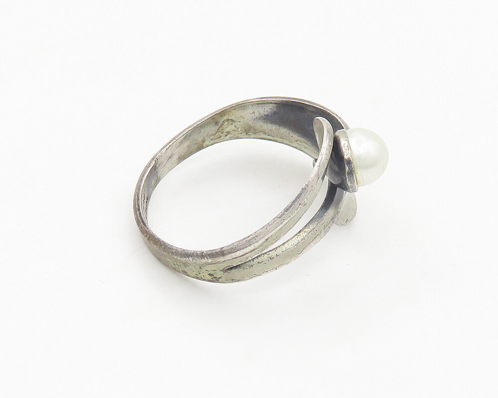 BEAU 925 Silver  Vintage Freshwater Pearl Bypass Band Ring Sz 10  RG19316