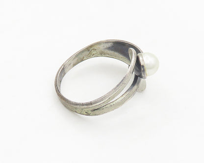 BEAU 925 Silver  Vintage Freshwater Pearl Bypass Band Ring Sz 10  RG19316
