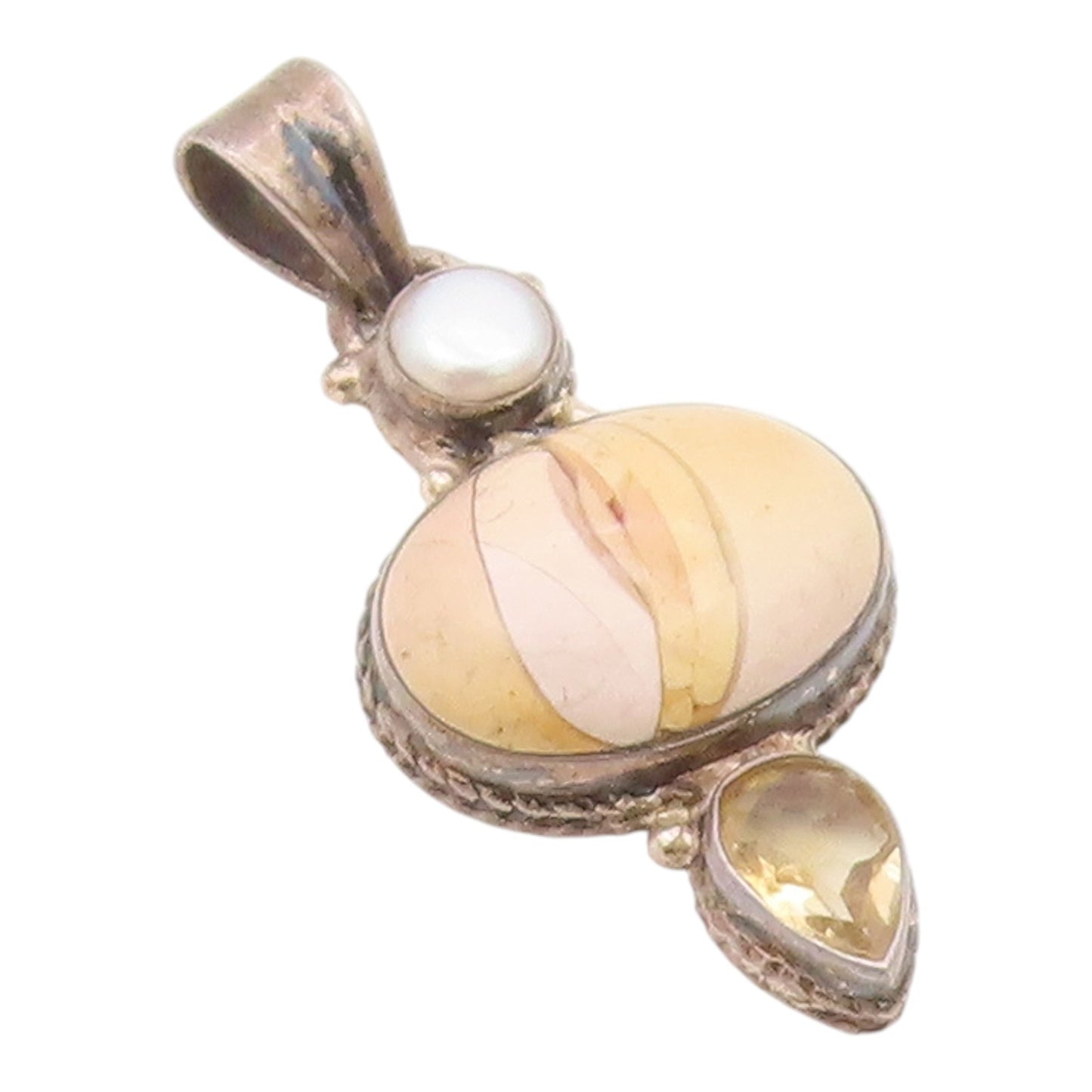 925 Silver  Vintage Multi Shape Jasper Citrine & Pearl Drop Pendant  PT21912