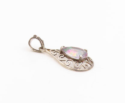 925 Sterling Silver Vintage Pendant Mystic Topaz Swirly Teardrop Charm  PT25315