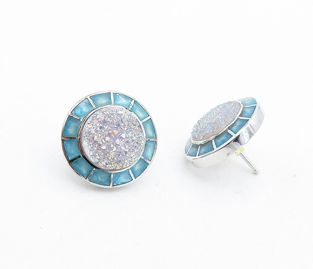 925 Sterling Silver  Druzy Stone Enamel Border Button Drop Earrings  EG2679