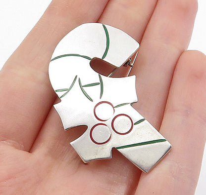 MEXICO 925 Sterling Silver  Vintage Christmas Candy Cane Brooch Pin  BP2739