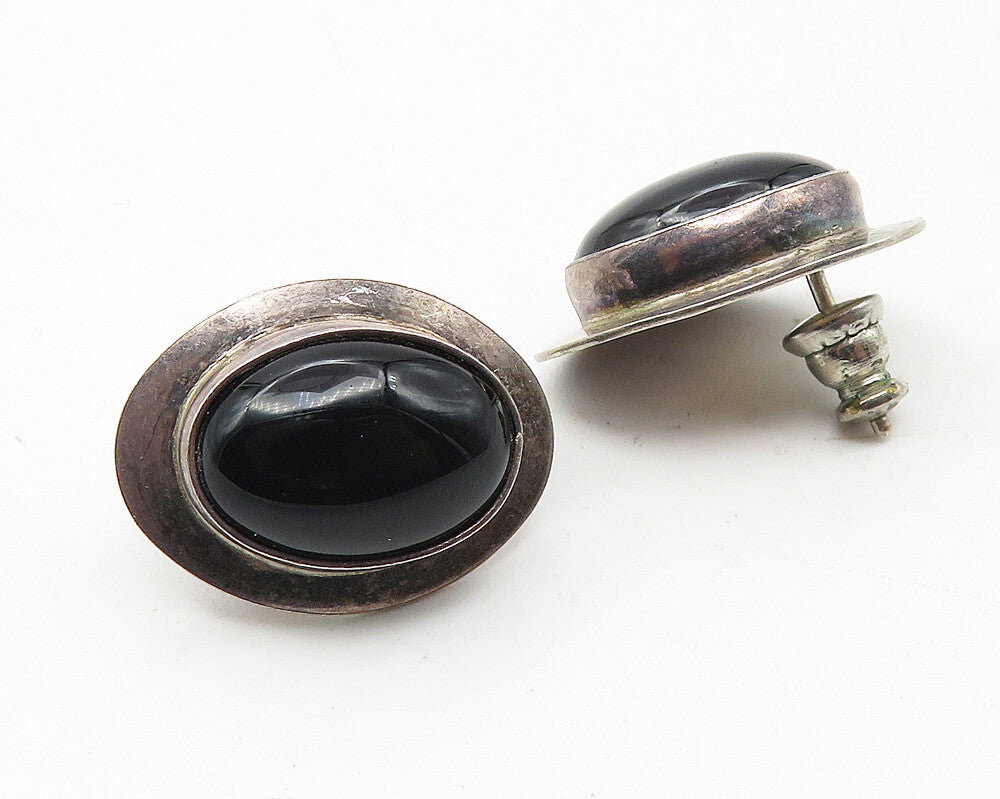 NAVAJO 925 Silver  Vintage Cabochon Cut Black Onyx Oval Stud Earrings  EG5896