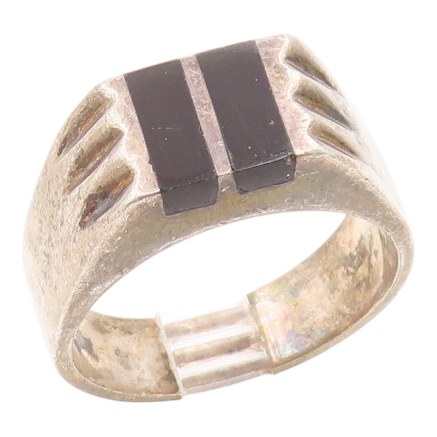 925 Sterling Silver Vintage Ring MEXICO Onyx Geometric Inlay  Sz 11.5  RG35985