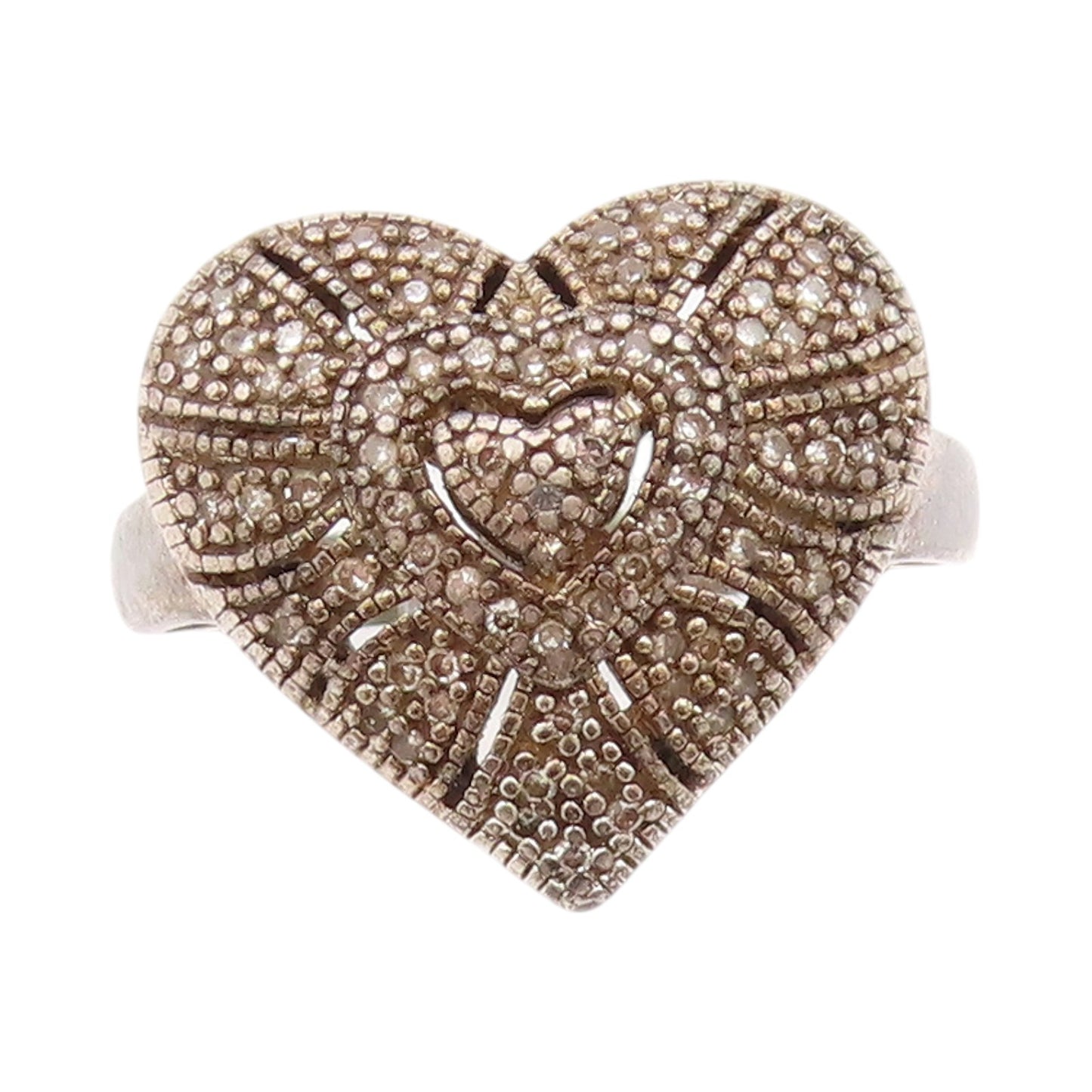 925 Sterling Silver Vintage Ring Designer Diamonds Inlay Heart  Sz 7  RG33231