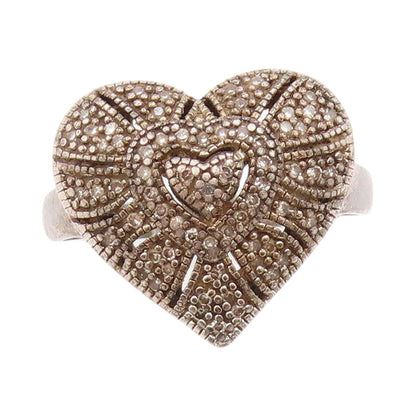 925 Sterling Silver Vintage Ring Designer Diamonds Inlay Heart  Sz 7  RG33231