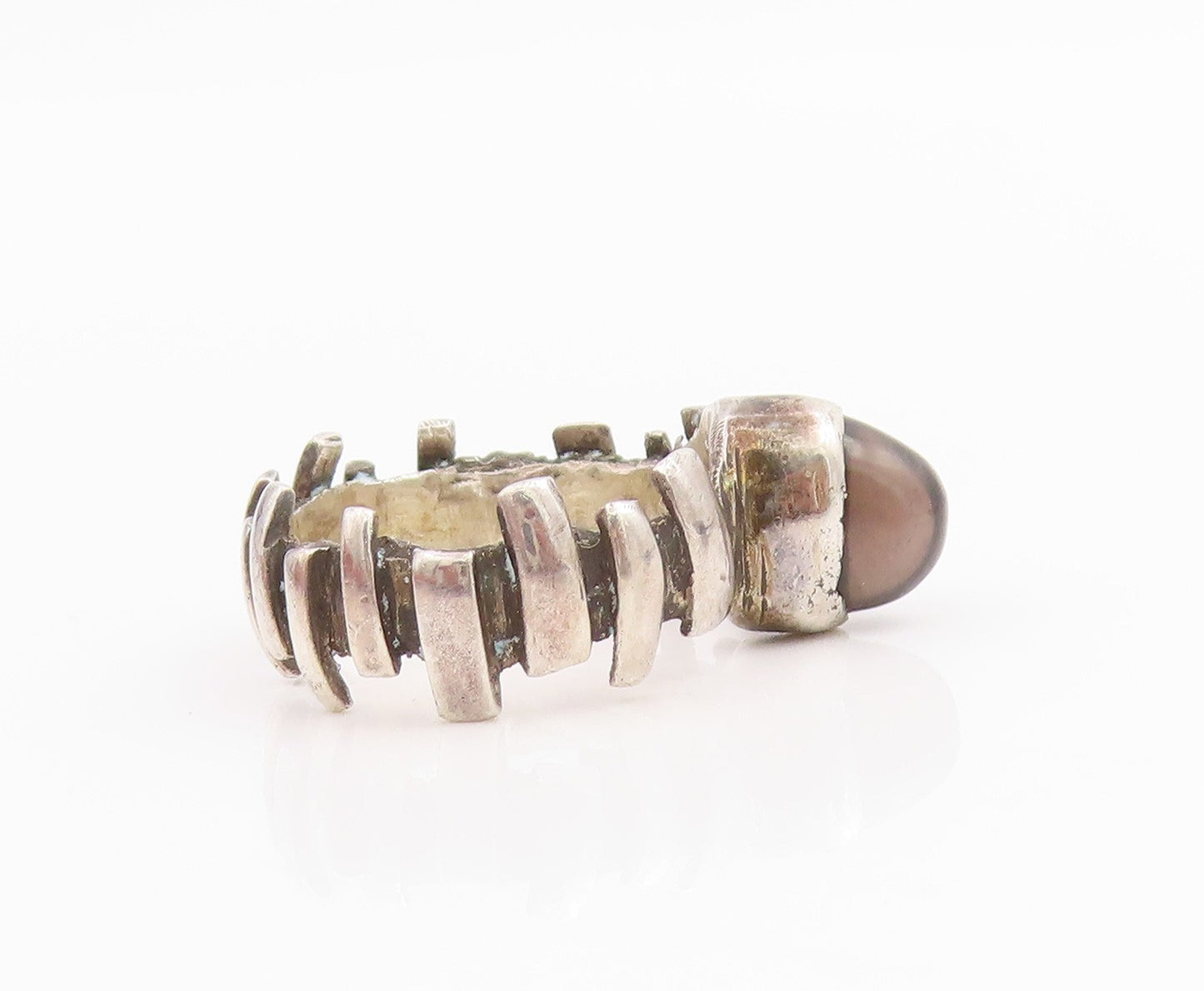 925 Sterling Silver Vintage Ring Cabochon Onyx Ribbed Design Band  Sz 5  RG33843