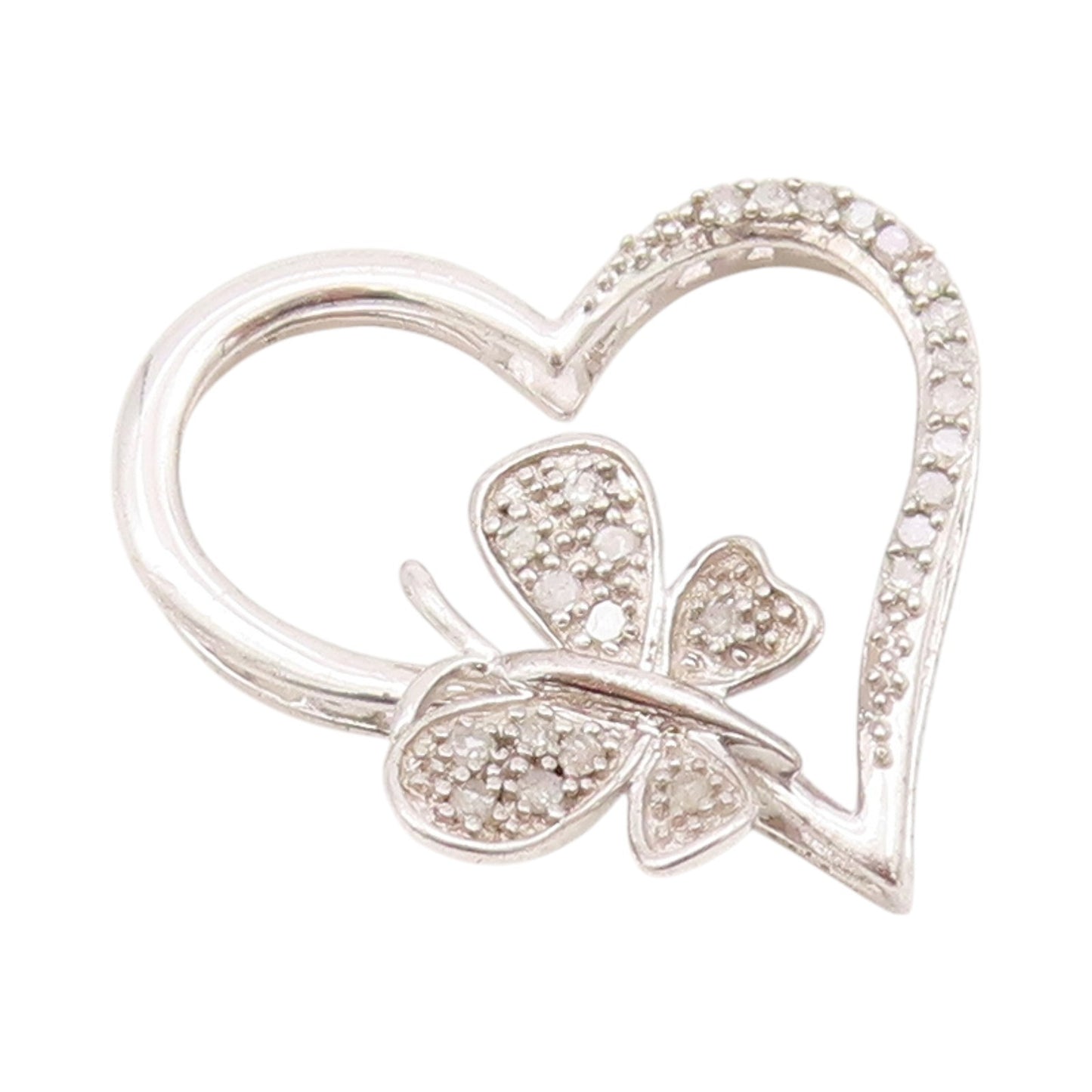 925 Sterling Silver Vintage Pendant Diamonds Butterfly On Cutout Heart  PT24264