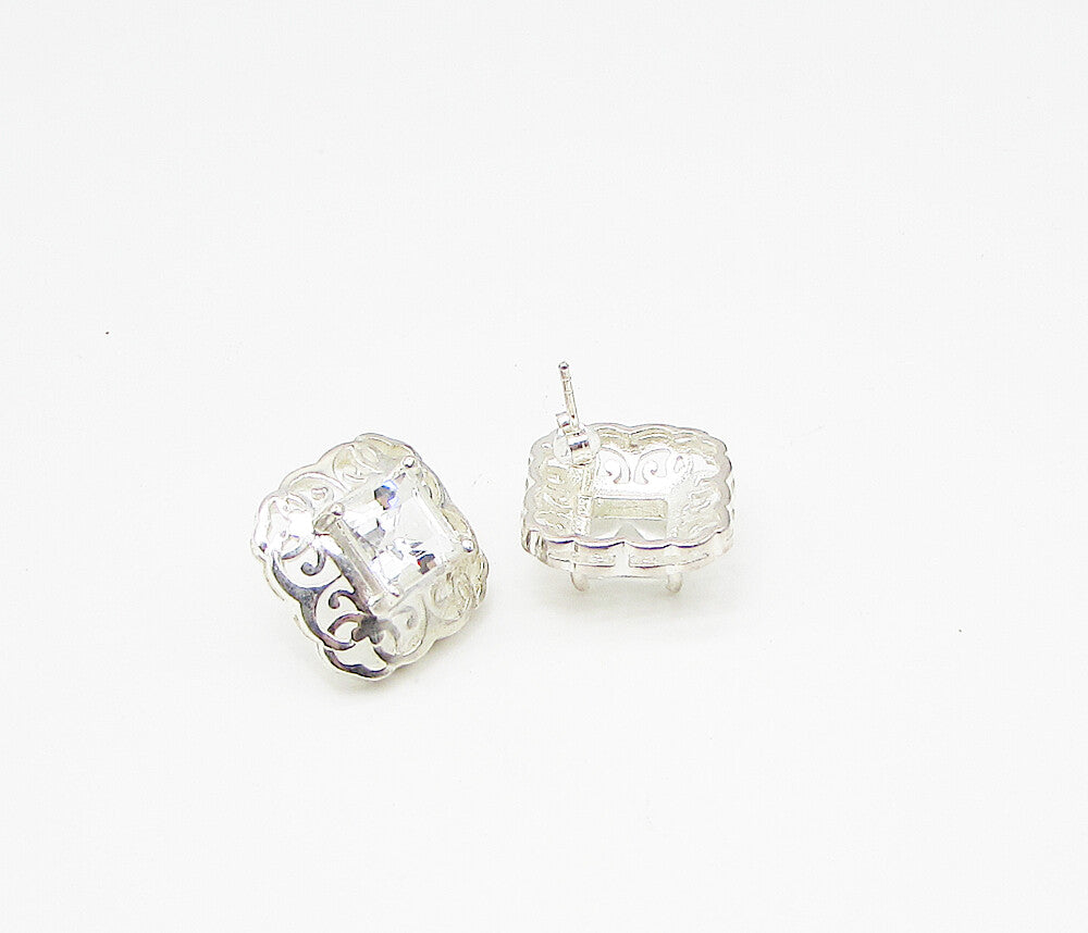 925 Sterling Silver  White Topaz Cut Out Filigree Stud Earrings  EG1839