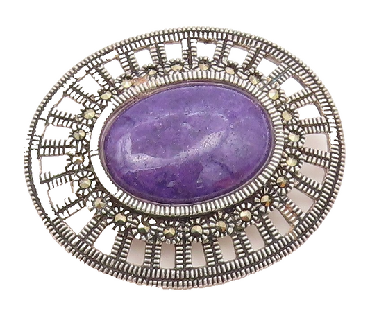 925 Sterling Silver  Vintage Charoite & Marcasite Floral Brooch Pin  BP4414