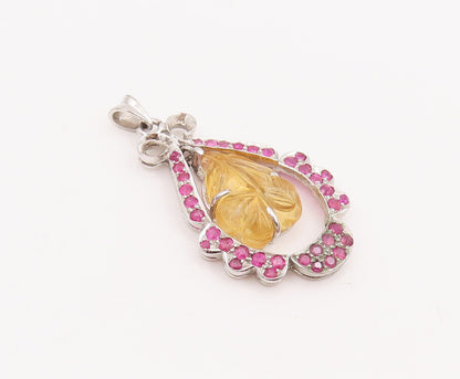 925 Sterling Silver Vintage Pendant Leaf Carved Citrine Ruby Inlay Frame PT22849